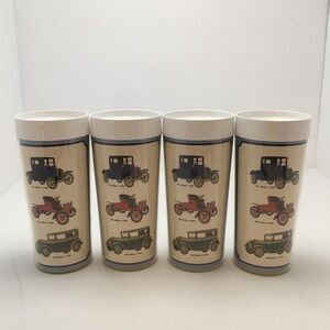 4 Westbend Insulated Thermoserve Drinking Glasses With Antique Cars 6 3/8" Tall